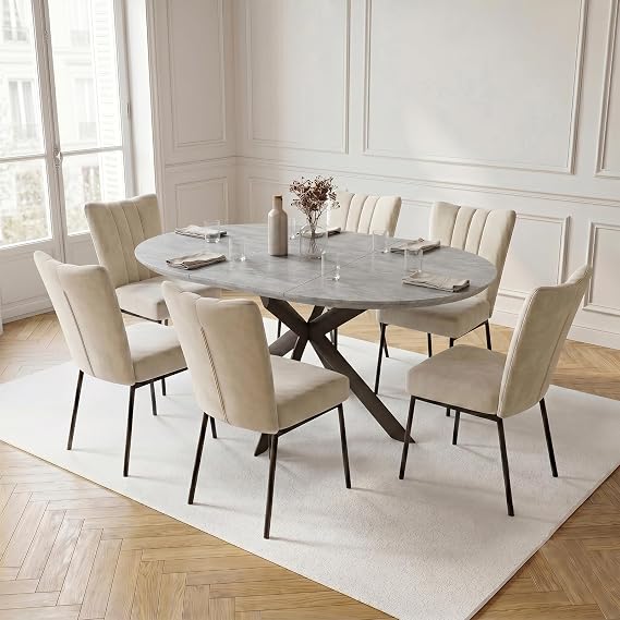 Extendable Oval Dining Table Set with 6 Flannel Chairs Adjustable 110-150cm Modern Dining Room Furniture JD9380-Bei Design for Stylish Home Décor