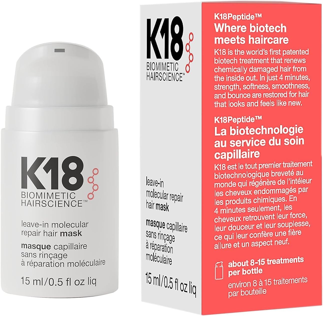 K18 Leave-In Molecular Hair Mask, Repairs Dry or Damaged Hair, Reverse Hair Damage from Bleach, Colour, Chemical Services & Heat