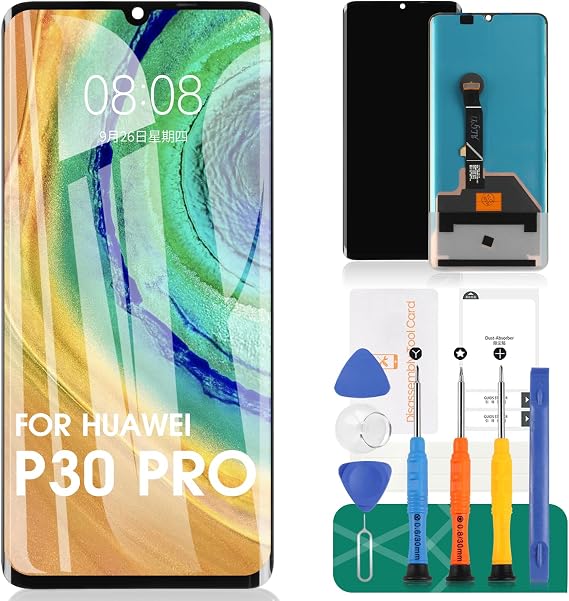 SRJTEK OLED For Huawei P30 Pro Screen Replacement LCD Display VOG-L29 VOG-L09 VOG-AL00 Touch Digitizer Sensor Kits No Frame(Black,with fingerprint, Curved Screen)
