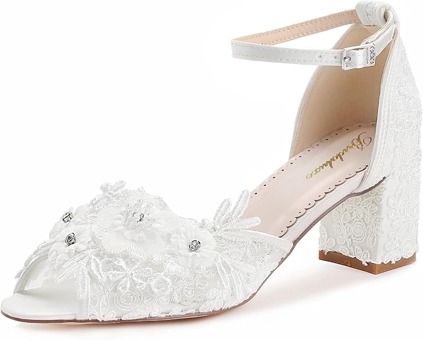10521 Women’s Peep Toe Wedding Shoes 2.56 Inch Block Heel Lace Floral Ankle Strap Bridal Heels