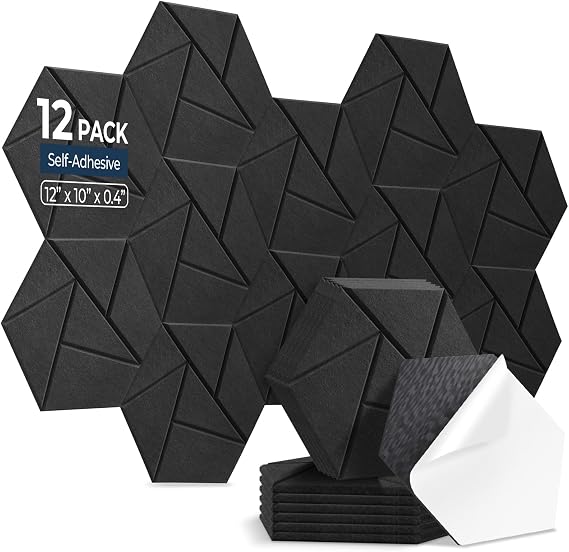 12 Pack Hexagon Acoustic Panels Self-Adhesive, High Density Sound Absorbing Panels for Walls, Soundproofing Foam Panels for Studio, Home Office, Gaming Room, Recording Room（Charcoal Black）