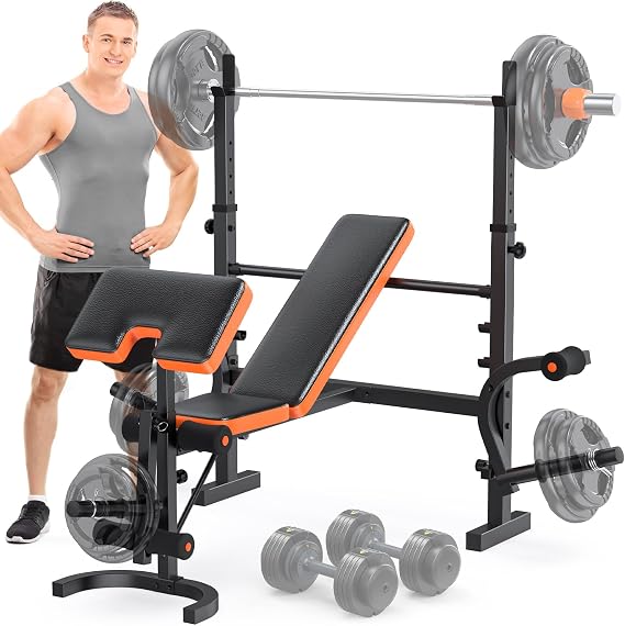 Fostoy 770 lbs Adjustable Weight Bench with Barbell Rack for Home Gym