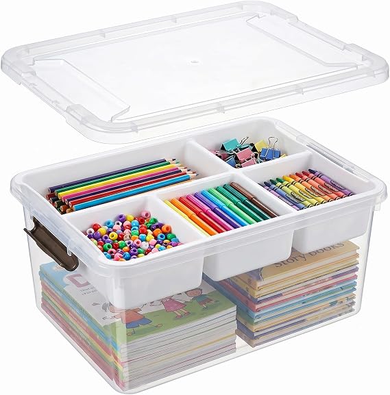16L Plastic Storage Boxes with Lid & Removable Tray, Clear Craft Organizers with Compartments, Portable Storage Container for Craft Supplies, Beads, Tools, Sewing, and Playdoh Organization