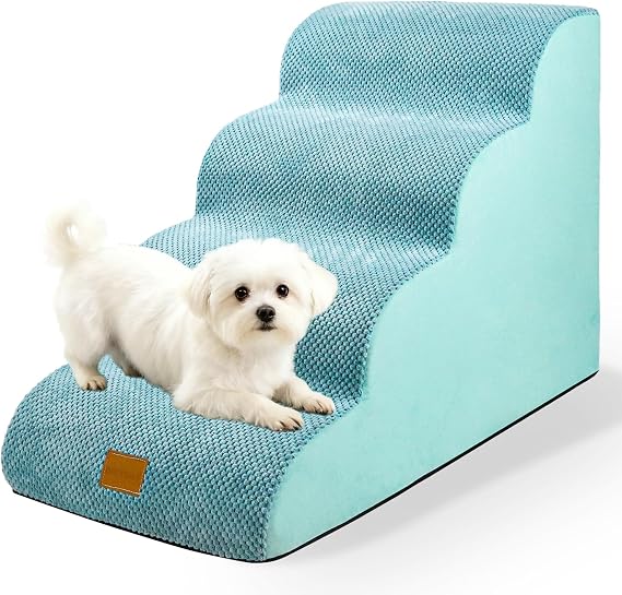 Dog Steps for Bed, Premium 4-Step Dog Stairs, Non-Slip Pet Steps Ladder for Sofa, High Density Foam Pet Ramp with Removable Washable Plush Cover, 40x72x50cm, Blue