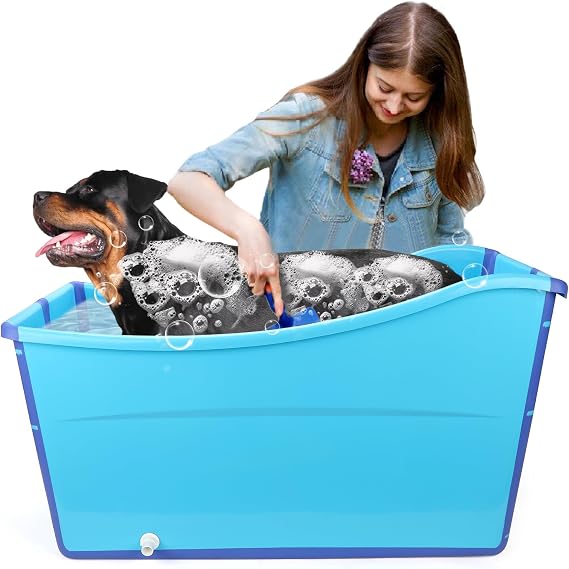 YUEPET Extra Large Foldable Dog Bath Tub for Large Dogs, 49 Gal Portable Dog Bathtub Lightweight Hightened Pet Wash Station with Drain Plug for Big Dogs Indoor/Outdoor Bathing, Camping (Blue)