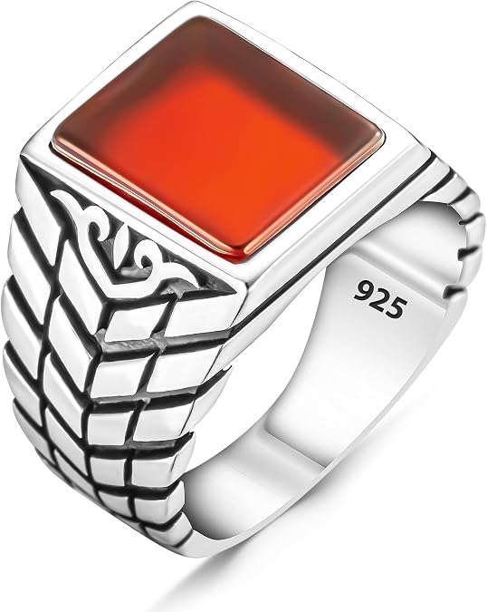 Silver Red Agate Ring for Men S925 Sterling Silver Oxidized Trendy Rectangular Red Aqeeq Turkish Men's Ring