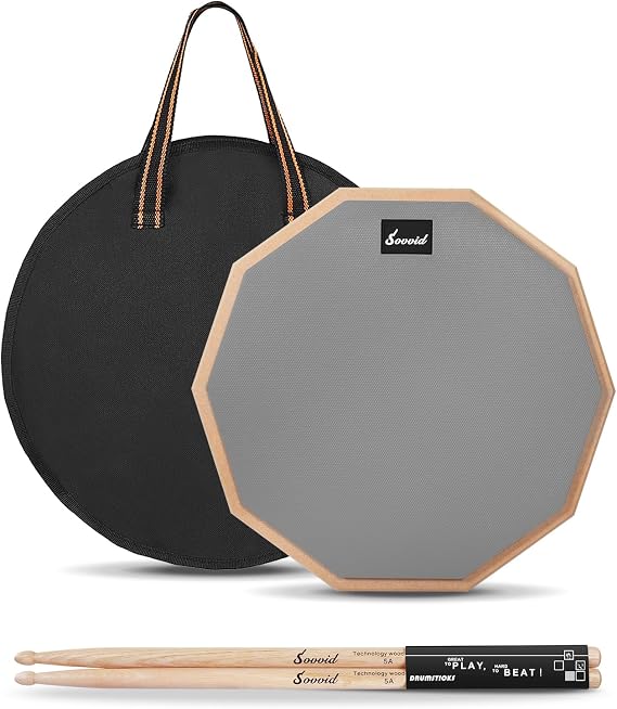 12 Inches Drum Pad and 5A Drum Sticks, Double Sided Snare Drum Practice Pad for Drummers, Silent Practice for Adults and Kids with Storage Bag - Gray