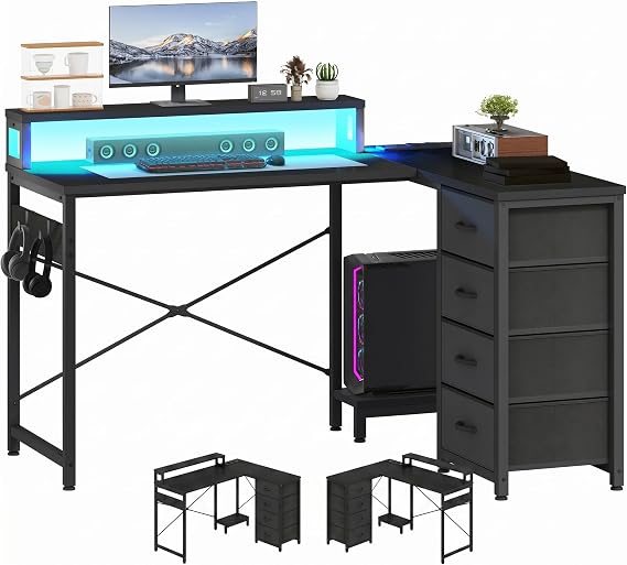 DWVO L Shape Desk with USB Socket 4 Drawers LED 130 cm Black