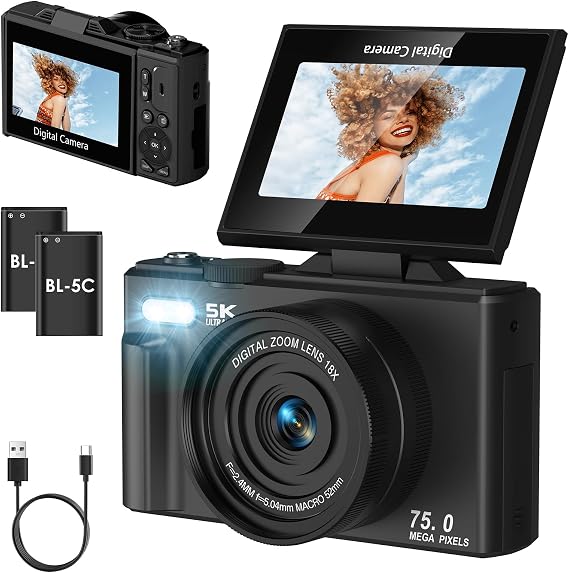 5K Digital Camera,75MP Autofocus Vlogging Camera,3'' 180° Flip Screen