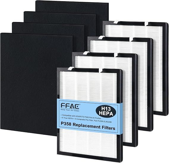 P358 Replacement Filter Compatible with HEAPETS P358 Pet Air Purifier, Includes 4 True HEPA + 4 Composite Pre-Filter Set, Compare Part PJ358-2LX6JDM