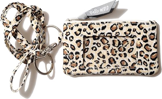 ID Case Wallet with Lanyard - Women's Fashion ID Holder Keychain (Leopard)