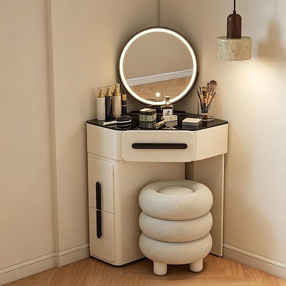 Modern Corner Dressing Table with LED Lighted Round Mirror Stool