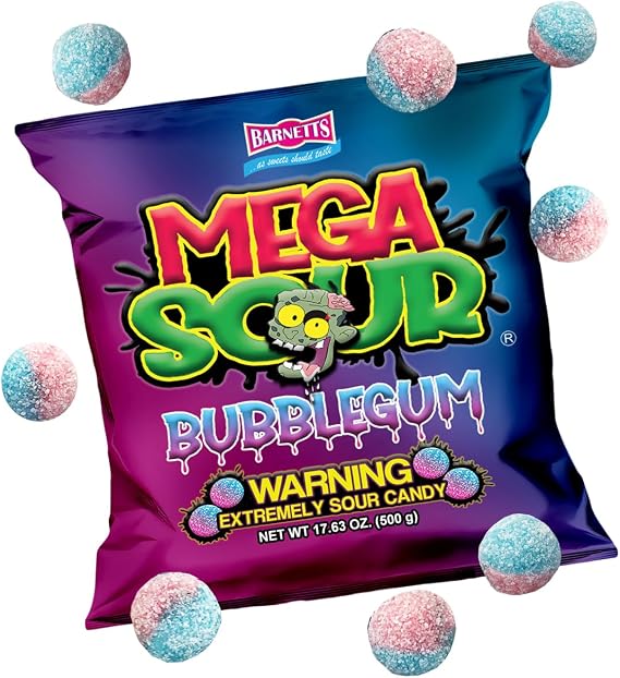 Barnetts - Mega Sour Candy Bubblegum 500g - Trendy Sweet Bags - Traditionally Handmade Sweets - Sour Coating Lasts 20 Seconds - Candies for Party Bag, Gift Hamper, or Hamper Box