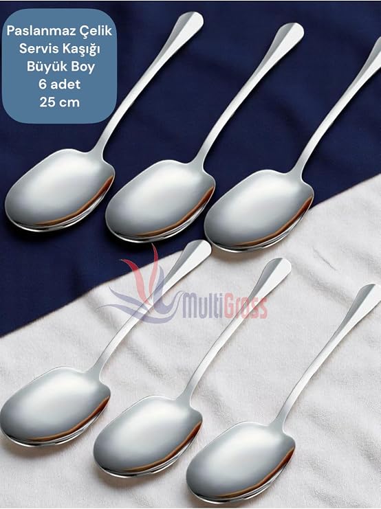 Paslanmaz Çelik Servis Kaşığı, 25 cm, 6 Adet, Metalik