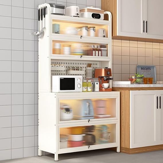 Kitchen Bakers Rack with Flip Door Cabinet, Pantry Cabinet with Pegboard, Farmhouse Coffee Bart for Home, Office, Pantry, Garage