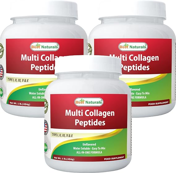 Best Naturals Multiple Collagen Peptides Protein Type I, II III, V & X Collagen unflavored 1 Pound - Grass Fed & Pasture Raised - Water Soluble - Easy to Mix (1 LB (Pack of 3))