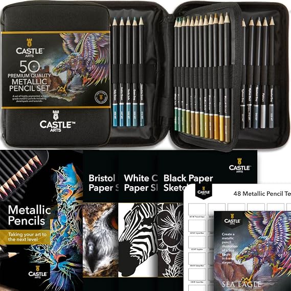 Castle Art Supplies 48 Metallic Coloured Pencils Set with Extras | Quality Wax Cores with Shimmering Shades for Professional, Adult Artists, Colourists | in Strong Carry-Anywhere Zipper Case