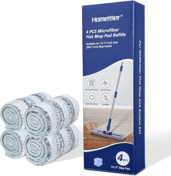 HoMettler Microfiber Flat Mop Replacement Pads, 14.17 x 4.33 inches, Machine Washable, 4 Pack