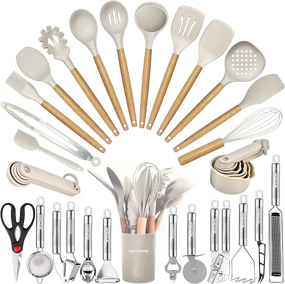 Kitchen Utensils Set- 35 PCs Cooking Utensils with Grater, Tongs, Spoon Spatula & Turner Made of Heat Resistant Food Grade Silicone and Wooden Handles Kitchen Gadgets Tools Set for Nonstick Cookware