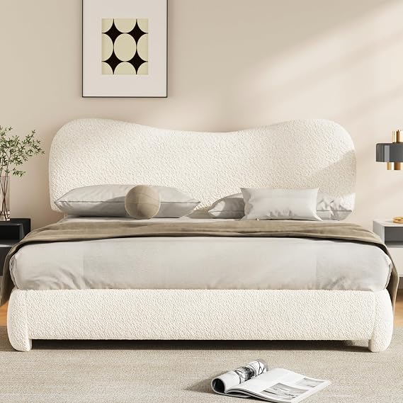4ft6 Double Boucle Bed Frame Double Upholstered Platform Bed with Curved Adjustable Headboard, No Box Spring Needed (Beige, 4ft6 Double)