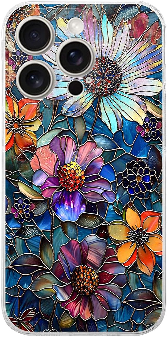 PrintiFy iPhone 15 Pro Max ile Uyumlu Vitray Mücevher Flora Tasarımlı Şeffaf Silikon Kılıf