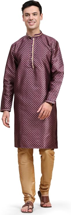 SKAVIJ Men’s Jacquard Silk Kurta Pajama Set | Festive Ethnic Wear for Men | Traditional Long Sleeve Kurta with Churidar Pajama | Perfect for Diwali, Wedding & Festival Celebrations Purple_Medium