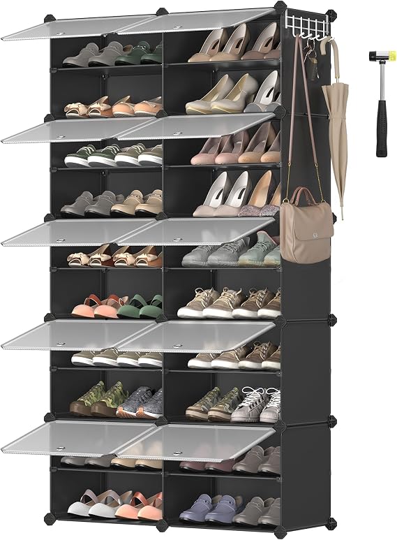 SONGMICS Interlocking Shoe Rack, Plastic Shoe Storage Cabinet, 10-Slot Modular Storage Organiser Unit, 30 x 40 x 30 cm for Each Slot, with Doors, Steel Frame, Plastic Panels, Black LPC035B01