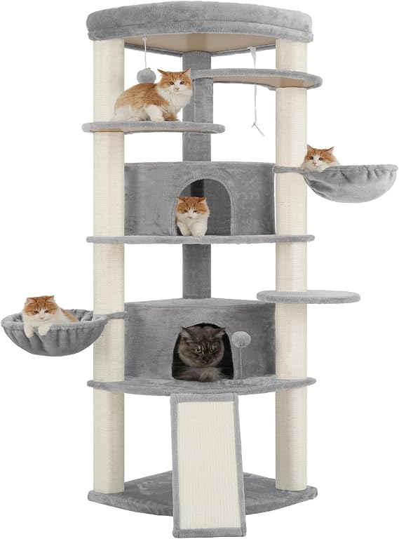 Gitelsnour GCT035W Corner Scratching Post Cat Tree for Indoor Use Multi-Level Cat Scratching Post with Sisal Scratching Posts 2 Cat Caves Large Top Platform 2 Hanging Cat Baskets Light Grey