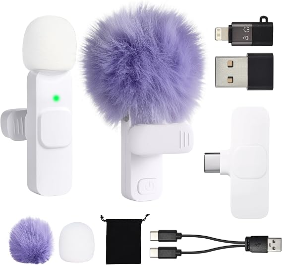 White Purple Wireless Lavalier Microphone for iPhone Android Phone Tablets iPad PC, 2 Mini Clip on Mic with 8h Use, 65ft Range, Noise Reduction, USB C/A/Lightning for Vlogging Podcast Tiktok Youtube