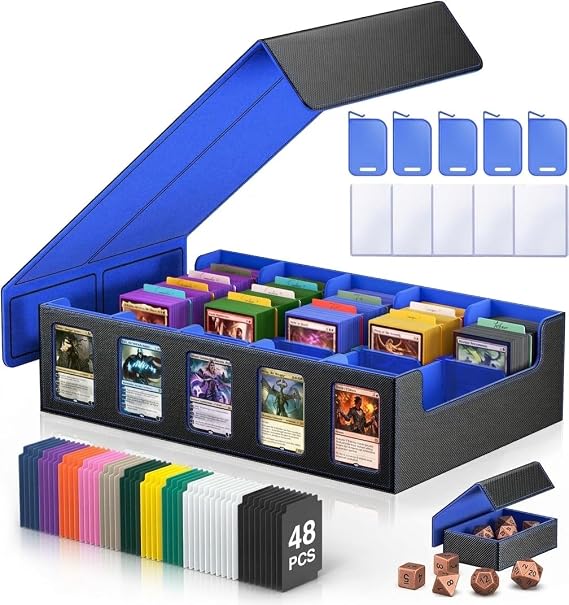Trading Card Storage Box MTG Deck Box TCG Card Case 5-Row Card Storage Box for Graded Card Storage, Fits 3900+ Cards 5 Toploaders 5 Stoppers 48 Dividers 1 Dice Tray