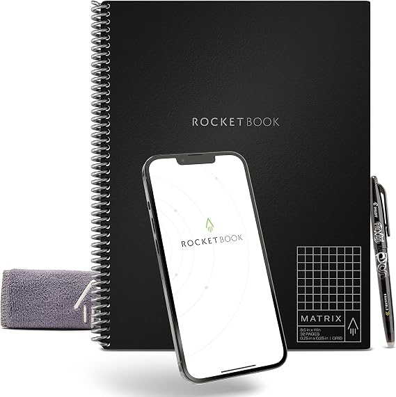 Rocketbook Matrix Smart Reusable Graph Notebook | Eco-Friendly Digital Connection Isometric Notebook | Infinity Black, Letter Size 8.5" x 11" with Pen, Cloth and App