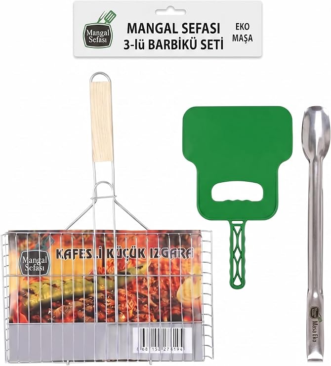 Mangal Teli, Küçük Izgara, Ahşap Saplı, 35x20 cm, Piknik için İdeal, Tek Kullanımlık, Mangal Izgara (Tek ızgara+Yelpaze+Maşa)