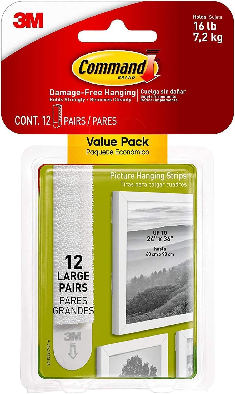 Command Picture & Frame Hanging Strips Value Pack, Large, White - 12 Pairs 24 Strips - Damage Free Hanging - For Pictures, Frames, Mirrors, Wall décor and Signs