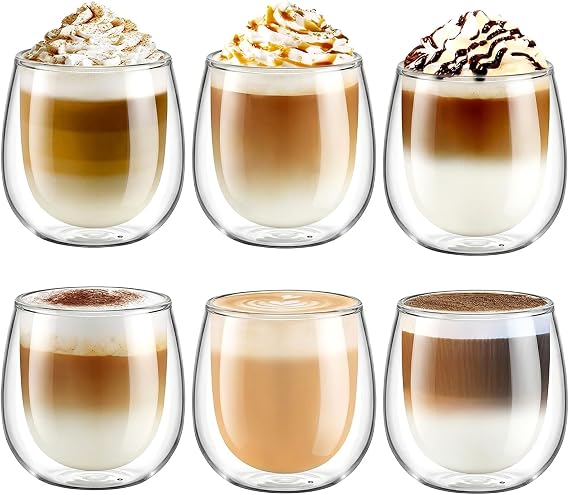 glastal 250 ml Double-Walled Latte Macchiato Glasses Set of 6 Borosilicate Glass Coffee Cups Glasses for Coffee Cappuccino Latte Tea Ice Cream Iced Tea Iced Americano Milk Juice Beer
