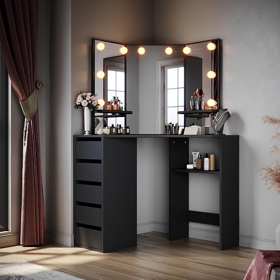 ELEGANT Corner Dressing Table with Mirror and Adjustable LED Lights