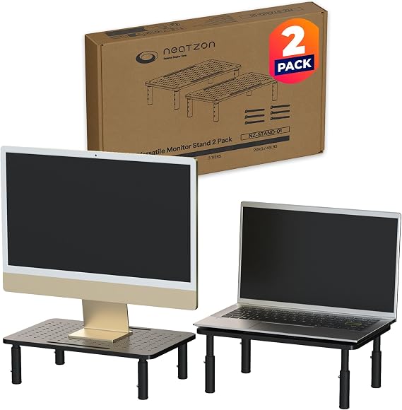 Monitorständer 2er-Set – Höhenverstellbare Monitorerhöhung (3 Stufen) für Monitore Laptops & Zubehör Schreibtisch Organizer mit Kabelmanagement Werkzeugfreie Montage NZ-STAND-01