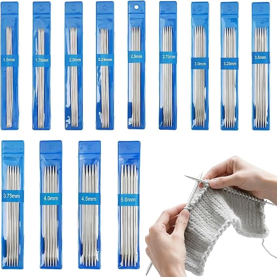 65pcs Double Pointed Knitting Needles Set, 13 Needle Diameters (1.5-5.0mm), All Needles 15cm Long, Stainless Steel Short Double Ended Knitting Needles for Socks, Hats, Sweaters, DPN Set for Beginners