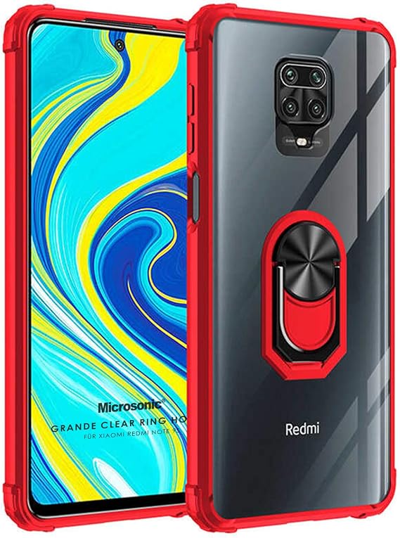 Microsonic Xiaomi Redmi Note 9S için Kılıf Grande Clear Ring Holder Kırmızı [Redmi Note 9S ile Uyumlu Kılıf - Kırmızı]