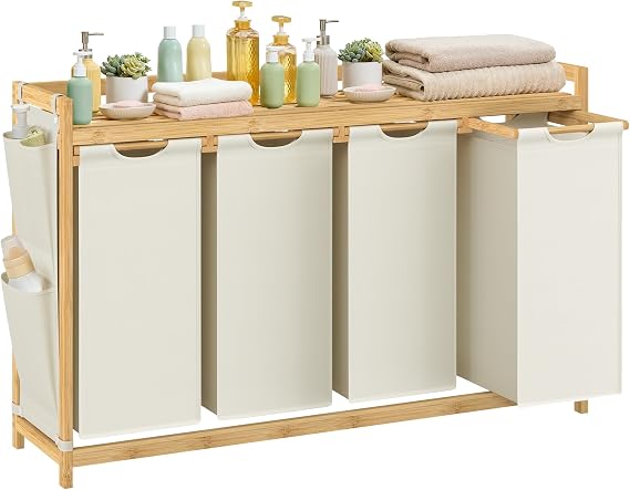 Songmics Laundry Basket 4 Compartments Bamboo 200 L with 1 Shelf