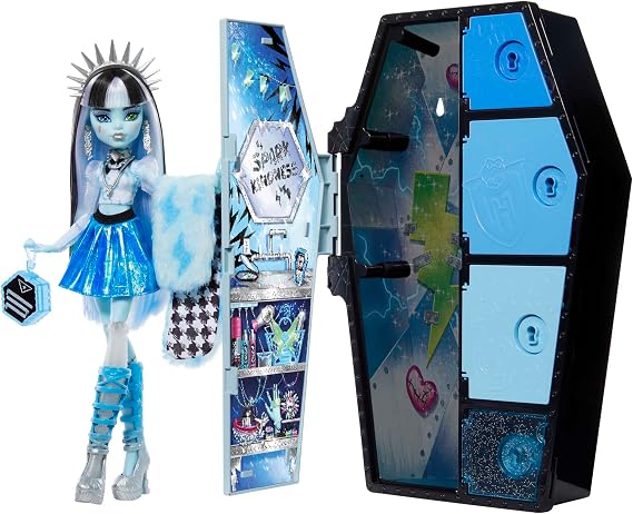 Monster High Skulltimate Secrets Fearidescent Frankie Stein Doll Coffin-shaped Locker with Over 19 Surprises Colour Reveal Effect for Children from 6 Years HNF75
