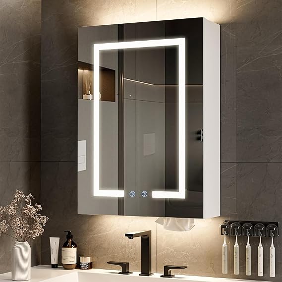 Bathroom Mirror Cabinets with Led Lights, 45 x 62cm Wall Mounted Medicine Led Mirror Cabinet, 3 Colors Anti Fog, Dimmer, with Adjustable Shelves, Touch Sensor and Vertical Backlight