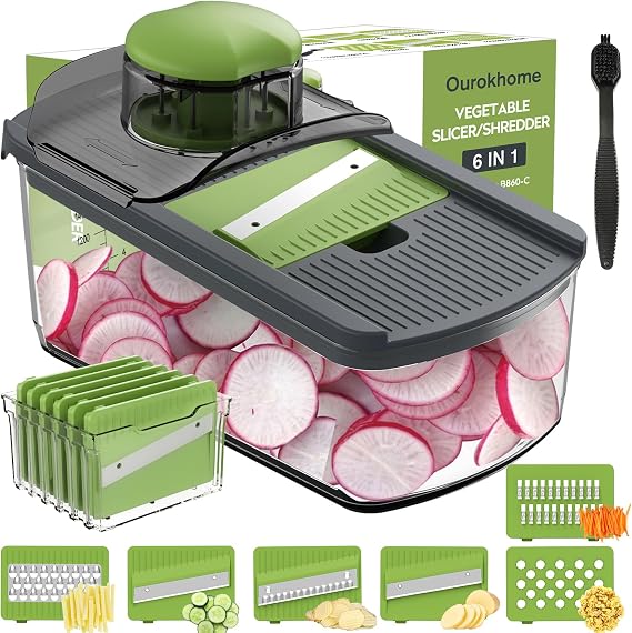 Ourokhome Mandolin Food Slicer, Hand Safe Kitchen Vegetable Shredder with 6 Mandoline Blades, Veggie Waffle Cutter for Potato, Carrot, Zucchini, Onion, Essential Kitchen Gadgets (6 in 1, Gray)