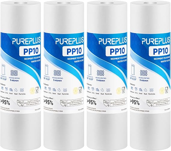 PUREPLUS Big Blue Sediment Replacement Water Filters 5 Micron 10" X2.5 Laser (Pack of 4)