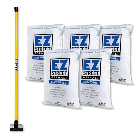 Pothole Repair Kit | EZ Street Asphalt | Heavy Duty 10lb Tamper | Permanent Pothole Repair | Ready to Use (1, 5 Bags)