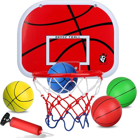 Indoor Mini Basketball Hoop Set for Boys Kids, Portable Mini Hoop with 4 Balls Over The Door Wall, Room Office Pool Basketball Toys