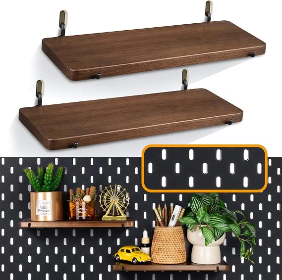 2 Pack Walnut Color Pegboard Shelf, Pegboard Accessories, Wooden Pegboard Shelves with Pegboard Hooks, Compatible with IKEA Skadis Pegboard