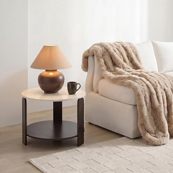OHS Two Layer Round Sidetable, Dark Wood/travertine - 38 x 38 x 50cm