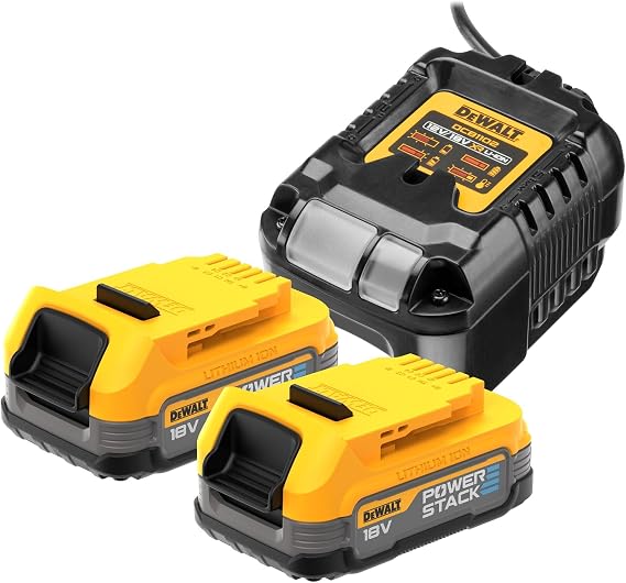 DEWALT Powerstack DCB1102E2 18 Volt Battery Kit (1.7 Ah, Innovative Pouch Cell Technology, Can be Used in All 18 V XR Battery Machines, with Capacity Display via LEDs, Includes 2 Batteries & Charger)