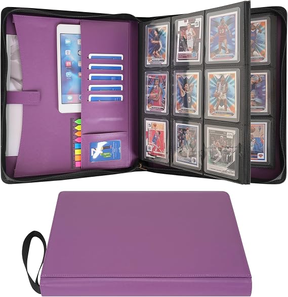 Wonderpool Toploader Binder Trading Card Album Storage 9 Pocket - 360 Side Loading Holds Toploaders with Extra Interior Pockets | PU Leather Notebook for MTG TCG Yugioh Game Sports Cards (Purple)
