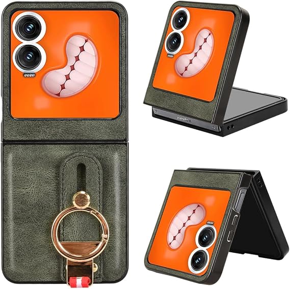Compatible with Tecno Phantom V Flip 2 Case Cover,PU retro cell phone case with wrist strap Compatible with Tecno Phantom V Flip 2 5G Case Green